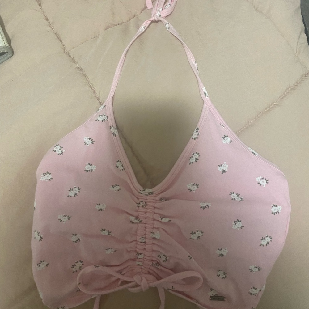 Hollister Pink/Flowered Cropped Halter-Top